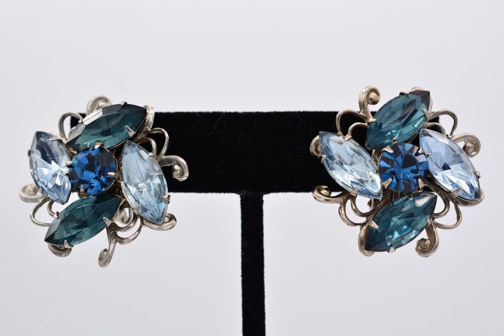 Vintage Crystal Clip On Earrings Flower Blue Rhinestone Marquise Silver Shiny 9F